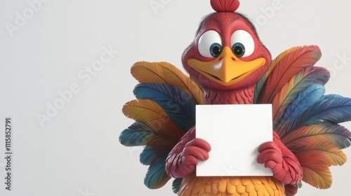 A playful cartoon turkey with vibrant feathers in bold autumn tones, holding a festive sign, on white photo