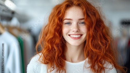 A joyful portrait of a red-haired young woman with freckles, wearing a casual sweater, surrounded by a lively environment, capturing her vibrant spirit and energy. photo