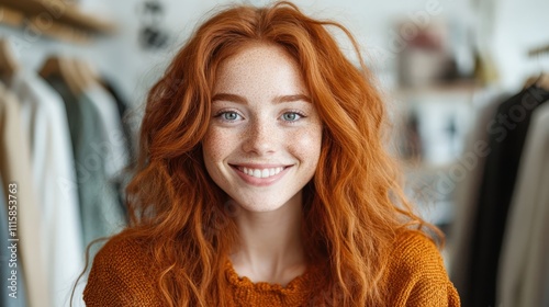 A smiling red-haired woman with freckles wears a cozy brown sweater, set against softly blurred clothing in the background, exuding warmth and friendliness. photo