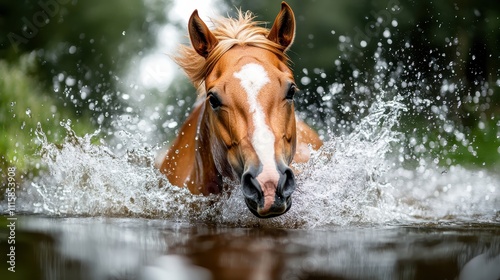 A powerful horse dynamically charges through splashing water, showcasing raw strength and vitality in a moment of untamed nature captured through the lens. photo