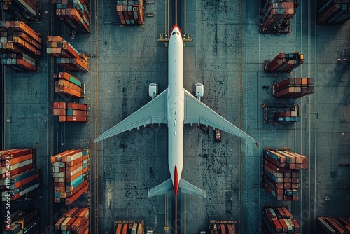 Aerial View of Cargo Plane Surrounded by Shipping Containers at Busy Industrial Port Terminal photo