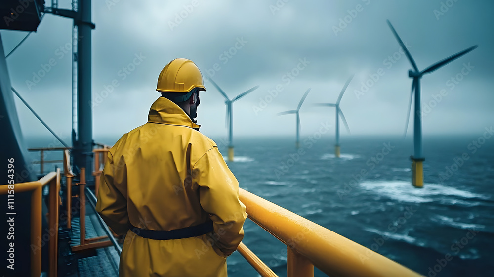 Obraz premium A worker in a yellow raincoat and hard hat is standing on an offshore wind turbine platform. The ocean and several large wind turbines are visible in the background.