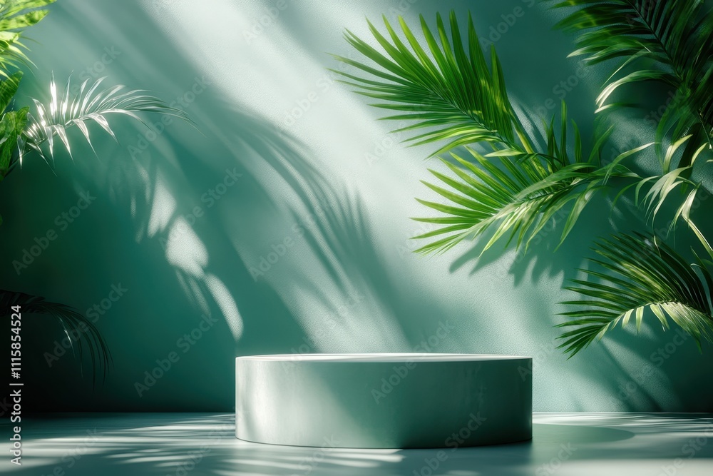 Minimalist Green Interior with Tropical Plants and Sunlight Shadows on a Circular Platform Minimalist Green Interior with Tropical Plants and Sunlight Shadows on a Circular Platform