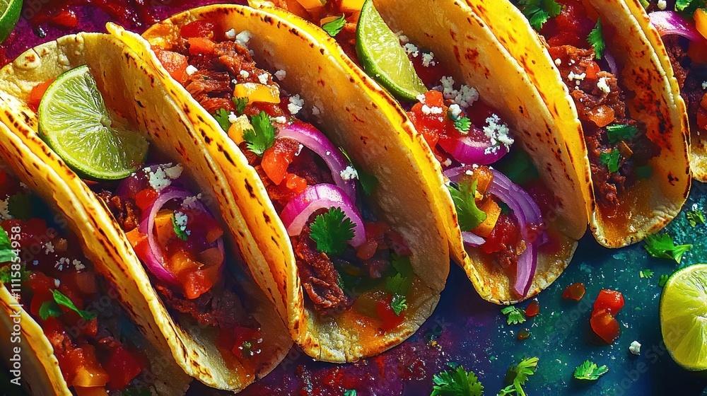 Fototapeta premium Delicious Beef Tacos With Lime Cilantro And Onions