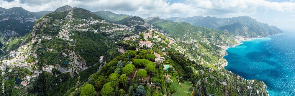 Obraz premium Panorama of Ravello from a drone, Amalfi Coast, Tyrrhenian Sea, Salerno, Campania, Italy