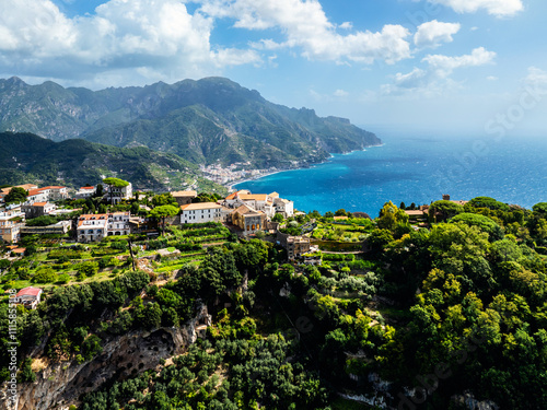 View of Ravello from a drone, Amalfi Coast, Tyrrhenian Sea, Salerno, Campania, Italy photo