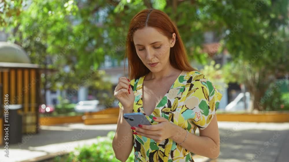 Woman using smartphone in urban park with trees and buildings Woman using smartphone in urban park with trees and buildings