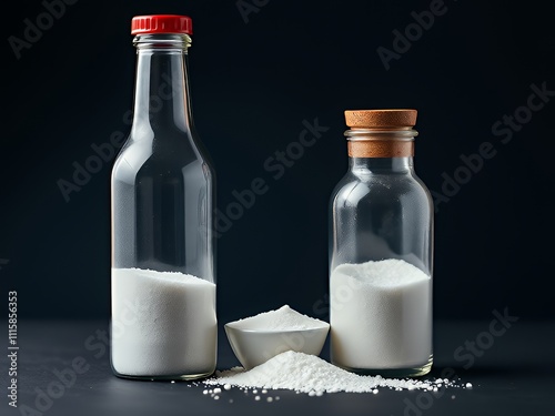 there are two bottles of white sugar and a bowl of sugar.