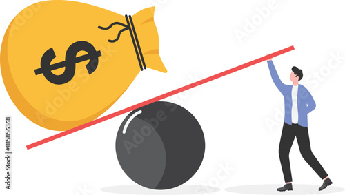 Businessman using a lever to pry up a huge piggy bank, business concept illustration
