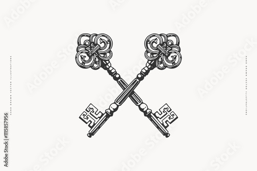 Carved crossed keys in engraving style. Two elegant keys with Victorian curls. Medieval symbol on white isolated background. Vintage vector illustration for postcard design, book or tattoo template.