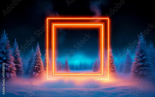 Christmas neon frame with New Year tree and fog background