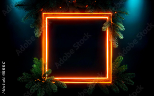 Christmas neon frame with New Year tree and fog background