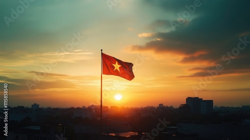 A dramatic sunset casting warm hues on the Vietnam flag, highlighting its bold colors against the twilight sky photo