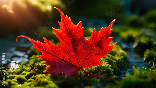 Wallpaper Mural /imagine: A detailed close-up of a vibrant red maple leaf resting on a bed of damp moss --ar 3:2 --v 4 Torontodigital.ca