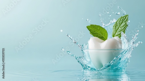 A clean, white tooth rests within a splash of water, capped with mint leaves to evoke a sense of dental freshness and purity in a vividly contemporary setting. photo