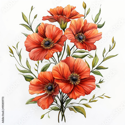 Nature, flowers, clipart watercolor painting of flower, symmetrical pattern, botanical print on white background, vintage style.QW-0170