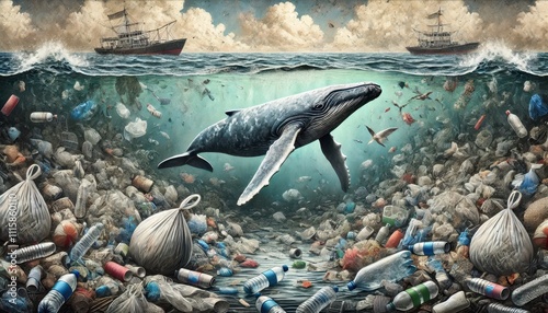 A concept about Plastic in Nature showing a whale swimming amidst a sea polluted with plastic bags and  bottles. photo