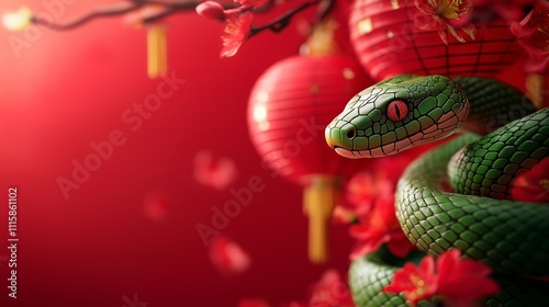 Green Snake with Lanterns and Flowers on Red Background for Chinese New Year photo