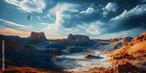Landscape of an alien planet, view of another planet surface, science fiction background.
