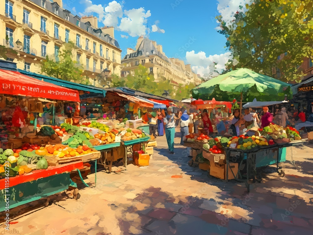 Fototapeta premium Vibrant Impressionist Style Kawaii Market Exchange in Detailed 3D