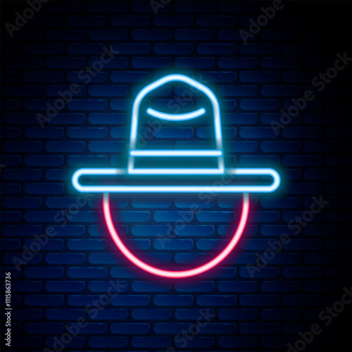 Glowing neon line Canadian ranger hat uniform icon isolated on brick wall background. Colorful outline concept. Vector photo