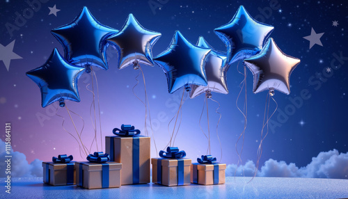 Enchanting Scene of Star-Shaped Balloons in Night Sky Colors.