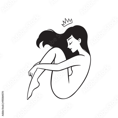 Vector line art of bohemian naked woman silhouette with a crown. Mystical female illustration for print, tarot card, social media, astrology blog, poster. Minimalistic celestial drawing.