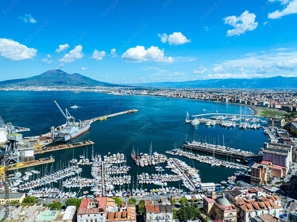View of Castellammare di Stabia and Mount Vesuvius from a drone, Naples, Italy