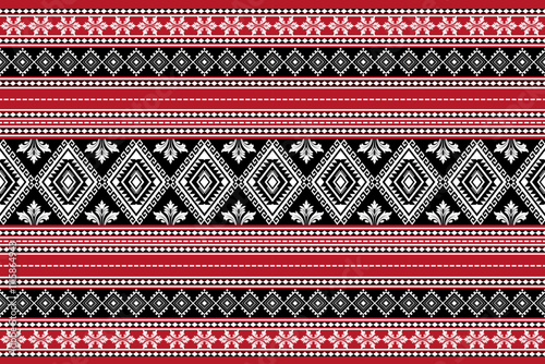 Seamless geometric white triangle shape ethnic Asian tradition and  floral damask pattern on black and red  background. Silk and fabric pattern decoration for Thai clothing and wrapping and wallpaper