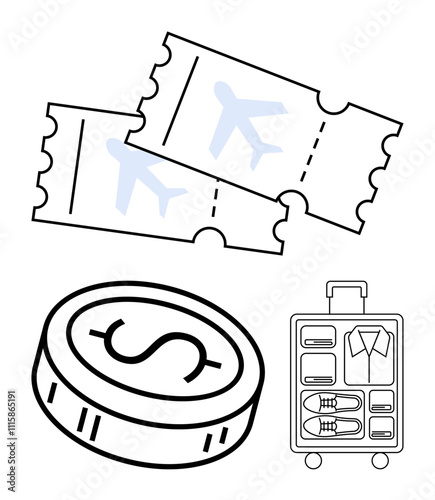 Two airplane tickets, a dollar coin, and a packed suitcase. Ideal for travel planning, financial management, tourism, vacation preparation, airline bookings budgeting and business trips. Line photo