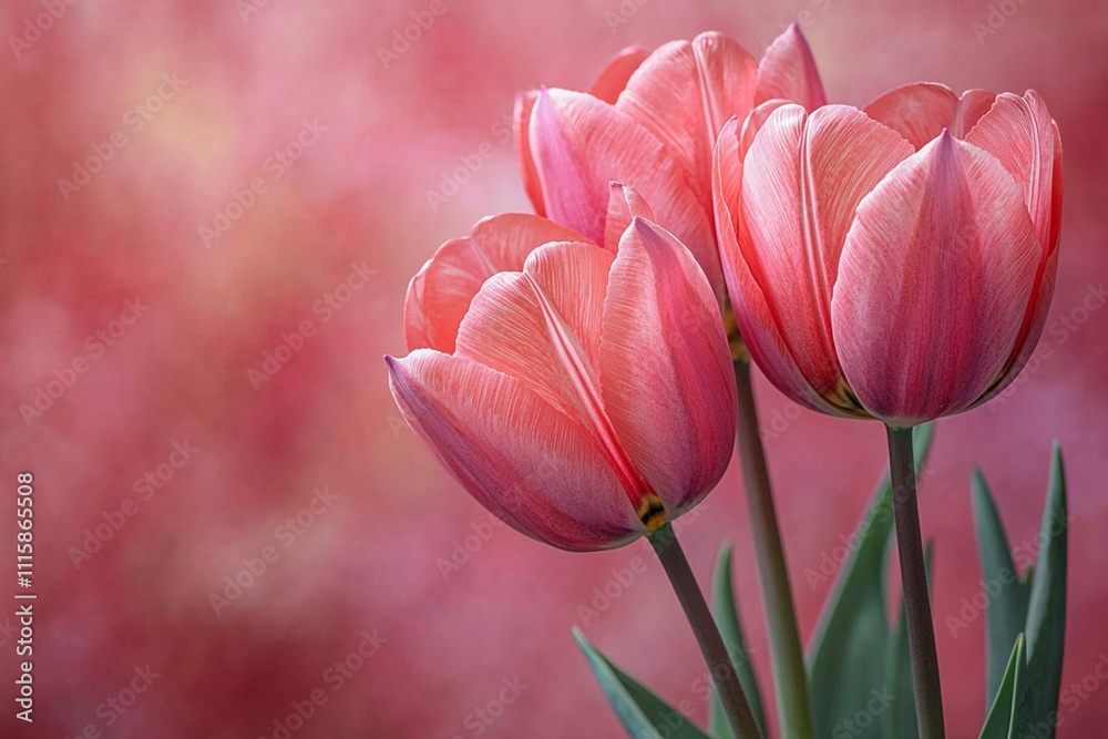 Fototapeta premium Pink tulips on a completely pink background. Copy space