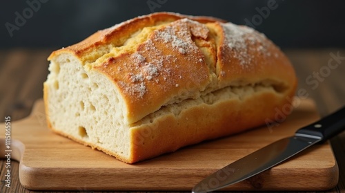 Freshly Baked Loaf of Bread on Rustic Wooden Cutting Board