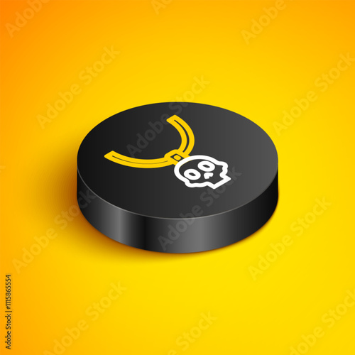 Isometric line Necklace amulet icon isolated on yellow background. Black circle button. Vector