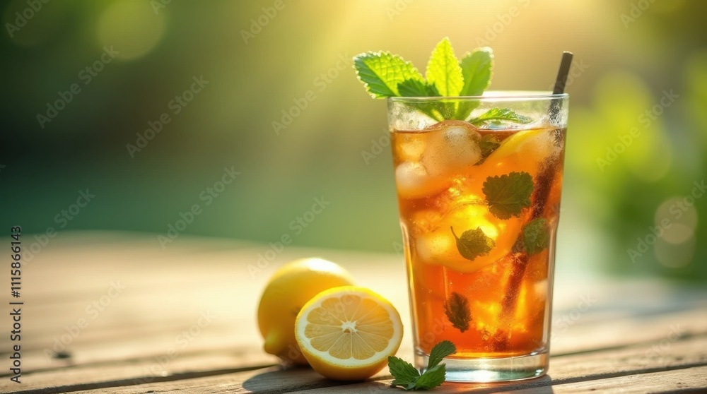 Fototapeta premium Refreshing Iced Tea with Lemon and Mint on a Sunny Day