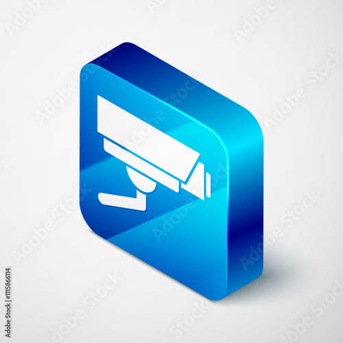 Isometric Security camera icon isolated on grey background. Blue square button. Vector