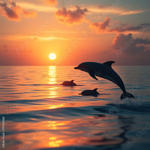 Dolphins leaping against a sunset backdrop