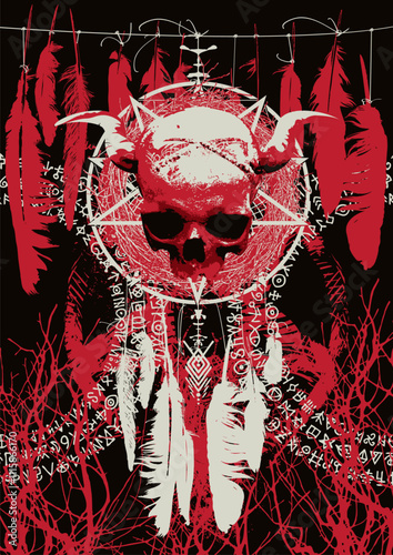 A4 vector banner on the theme of satanism, black magic and witchcraft with dreamcatcher, bird crow feathers and satanic pentagram, human skull with horns and roots in the folk shaman style