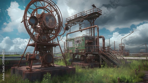 Dystopian Weather Station Overrun by Nature Rusted Equipment and Ominous Storm Clouds