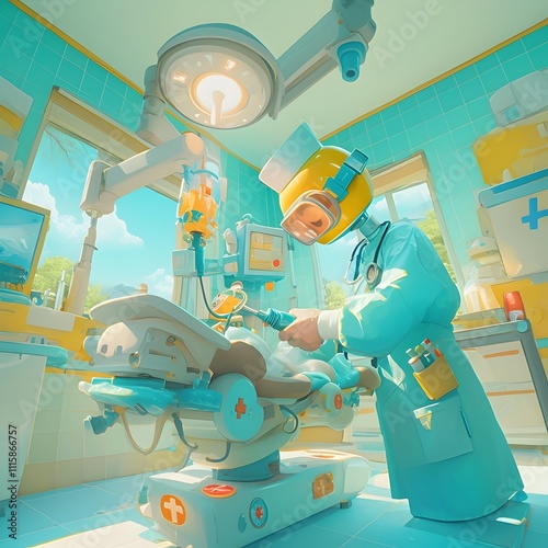 Quirky Cartoon Doctor Performing Unique Medical Procedure in Vibrant 3D