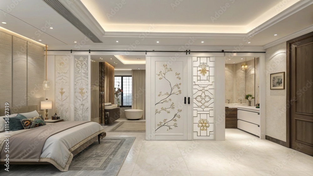 Obraz premium The master bedroom opens to a luxurious ensuite bathroom separated by a white sliding partition with decorative motifs gliding effortlessly on a sleek ceiling track.