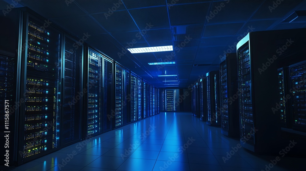 Fototapeta premium A server room with rows of racks lit with a cool blue light.