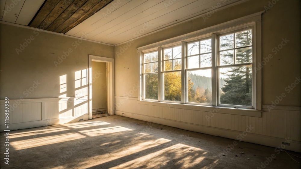 Obraz premium Sunlight pours through a single window in an empty room illuminating the fresh trim stacked against the wall contrasting with the raw unfinished angles of the space.