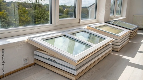 Several layers of protective film stacked over a collection of newly acquired windows ready for installation with natural light streaming through from the side. photo