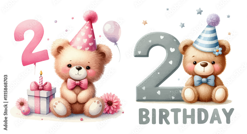 Obraz premium A cute first Birthday teddy bear wearing a party hat with number 2. Adorable innocence animal watercolor illustration for boy and girl.