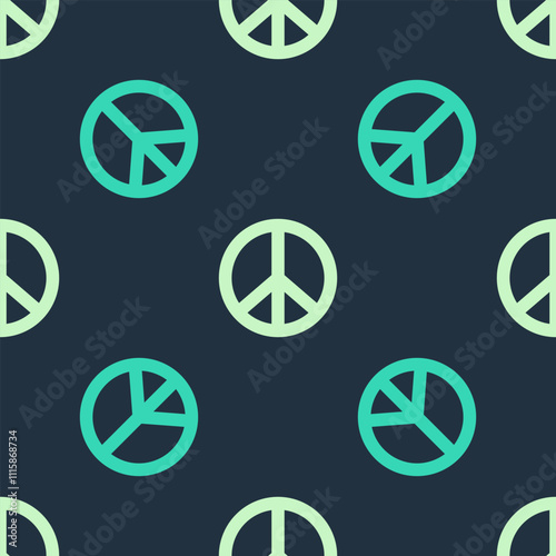 Green and beige Peace icon isolated seamless pattern on blue background. Hippie symbol of peace. Vector