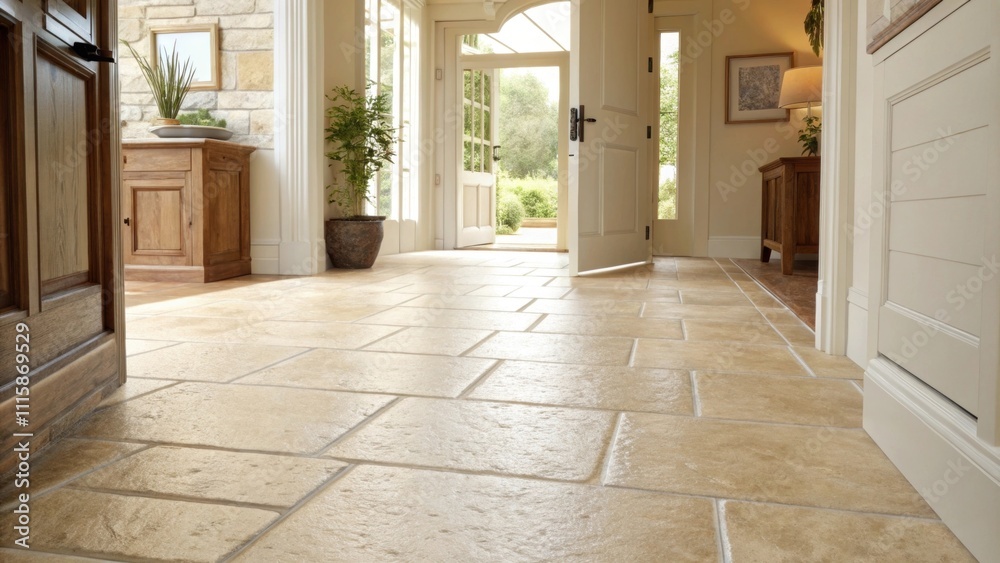Fototapeta premium Bright natural light floods into an entryway with smooth light beige tiles. The freshly grouted seams perfectly complement the soft tones creating a welcoming atmosphere.