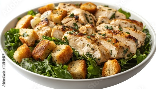 Grilled chicken salad with fresh vegetables, croutons, healthy meal, high-protein food, delicious lunch, nutritious bowl, appetizing dish, culinary inspiration, balanced diet