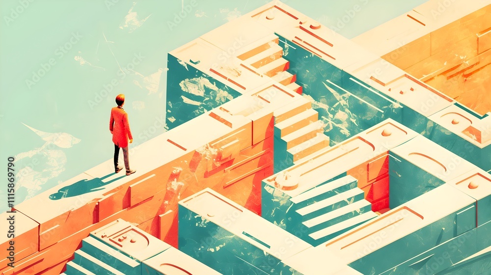 Policymaker Navigating Maze of Bureaucratic Red Tape in Whimsical Minimalist 3D