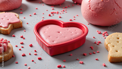 Heart-shaped pink frosting in a cookie mold surrounded by festive cookies and sprinkles, delightful setup for Valentine's Day, copy space photo