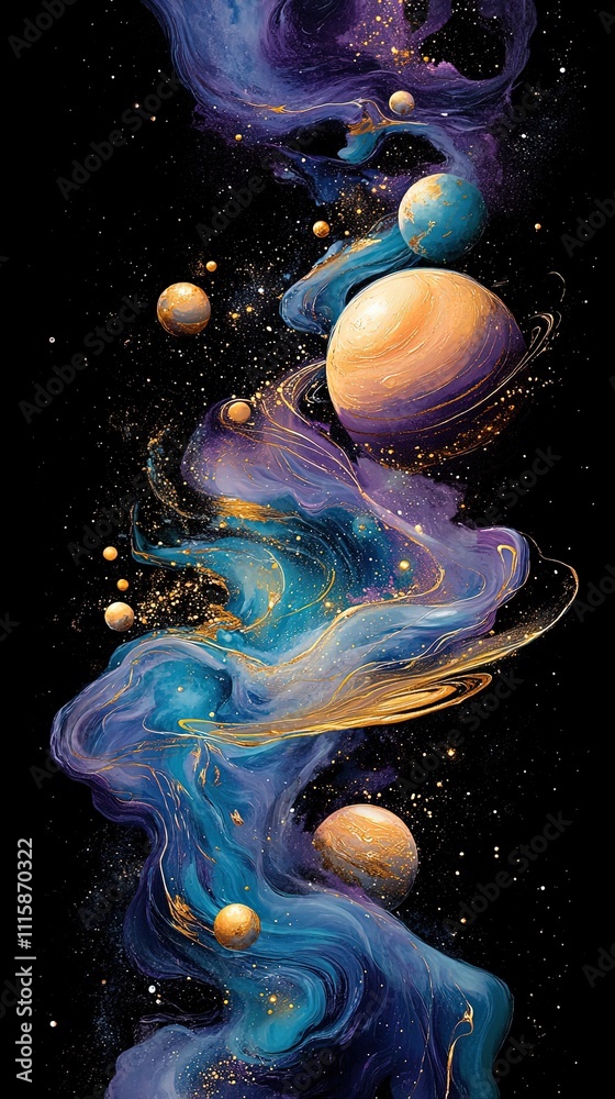 Fototapeta premium Abstract swirling colors and spheres in space, vibrant liquid texture.